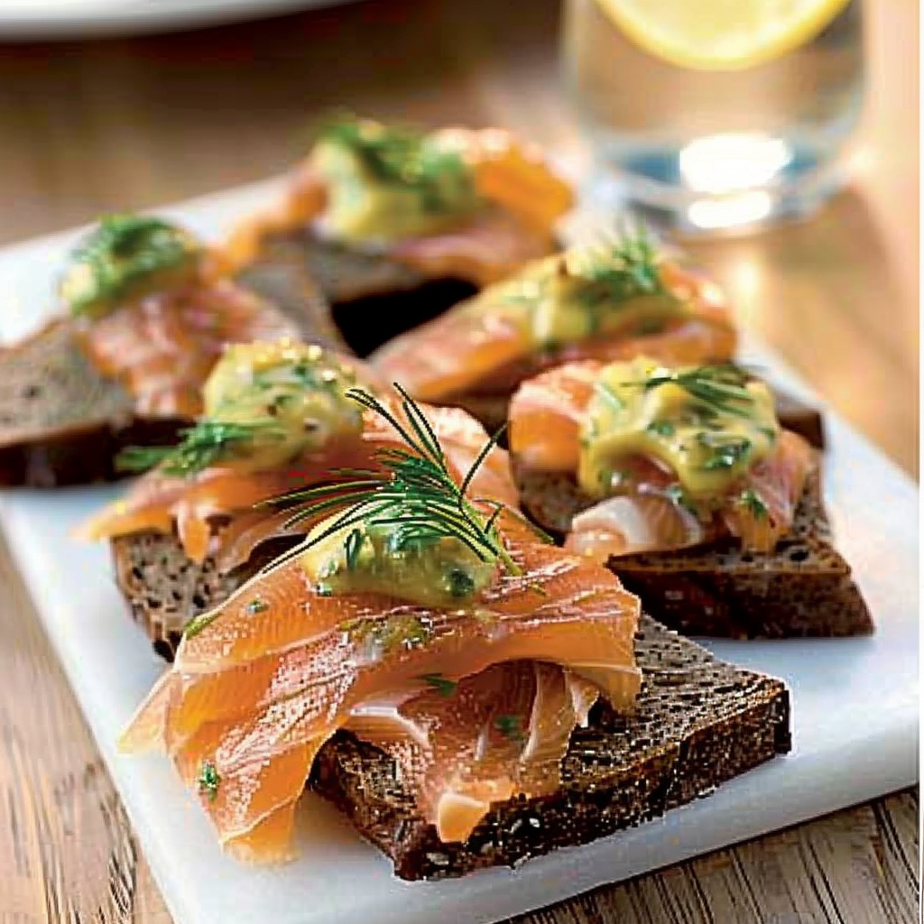 Recipe preparation for Gravlax on Rye with Mustard Sauce