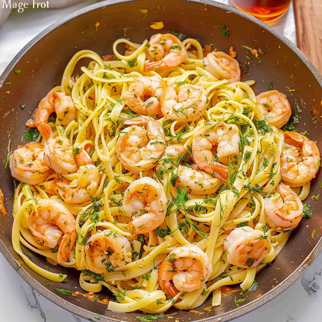 Recipe preparation for Spirulina Fettuccine with Garlic-Butter Prawns