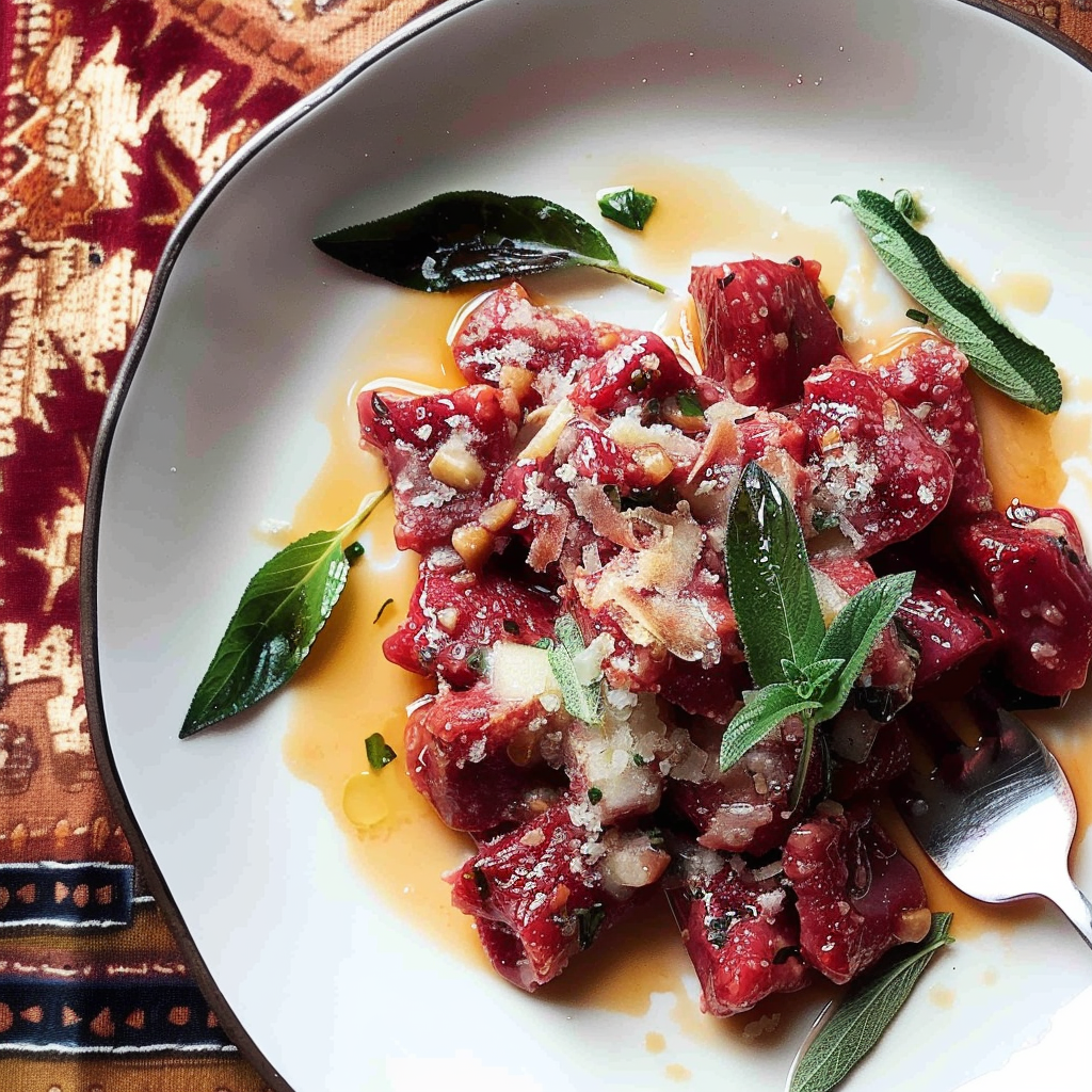 Recipe preparation for Beetroot Gnocchi with Garlic Sage Butter