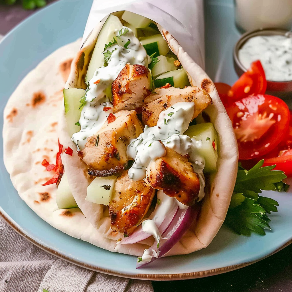 Recipe preparation for Greek Chicken Pita Wrap with Tzatziki