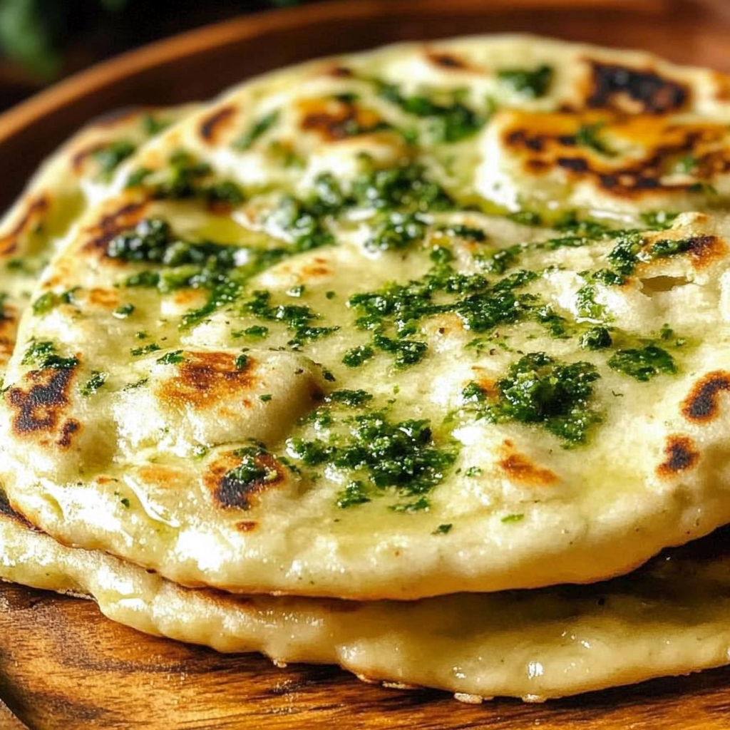 Recipe preparation for Spirulina-Dusted Garlic Flatbread