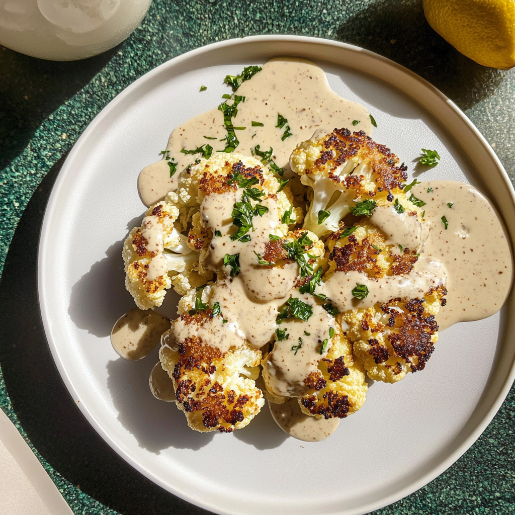 Recipe preparation for Roasted Cauliflower Steaks with Tahini Drizzle