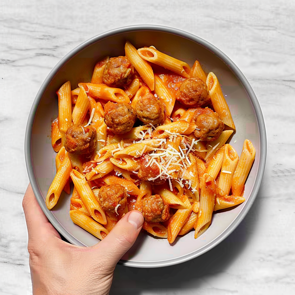 Recipe preparation for Creamy Tuscan Turkey Meatball Penne