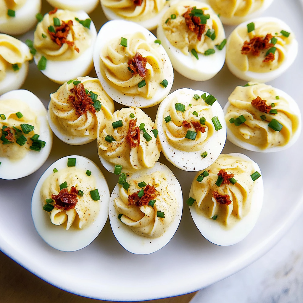 Recipe preparation for Frost-Whisper Deviled Eggs with Chive Threads