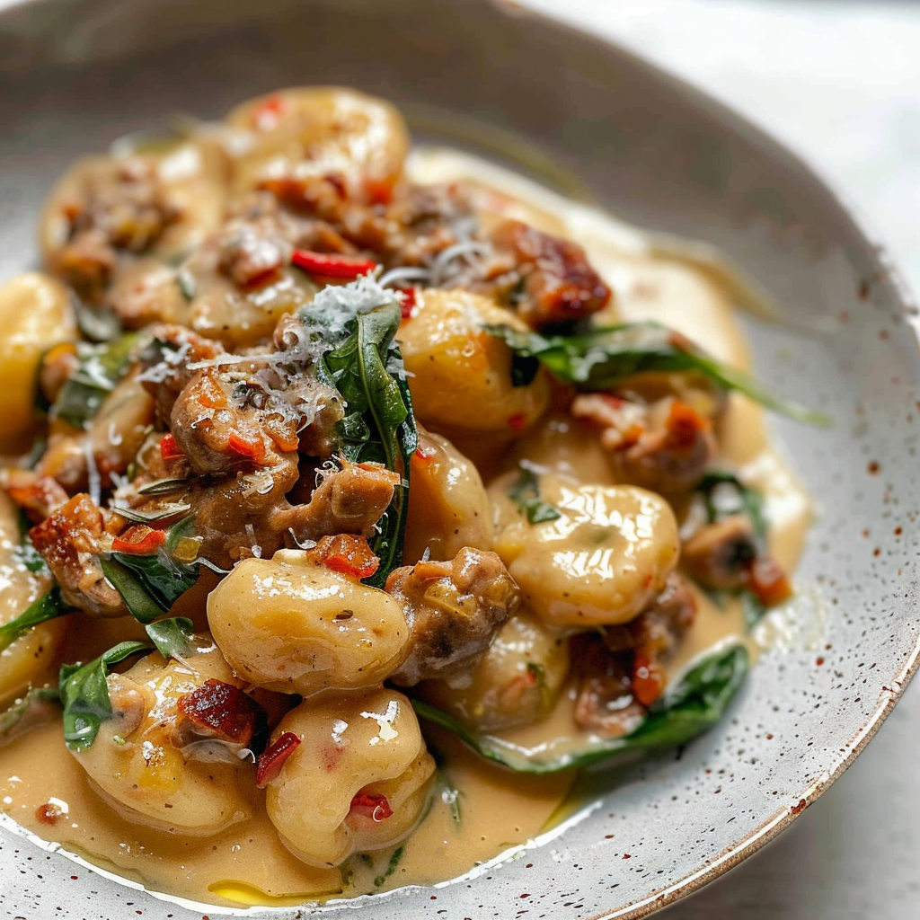 Recipe preparation for Creamy Tuscan Sausage Gnocchi