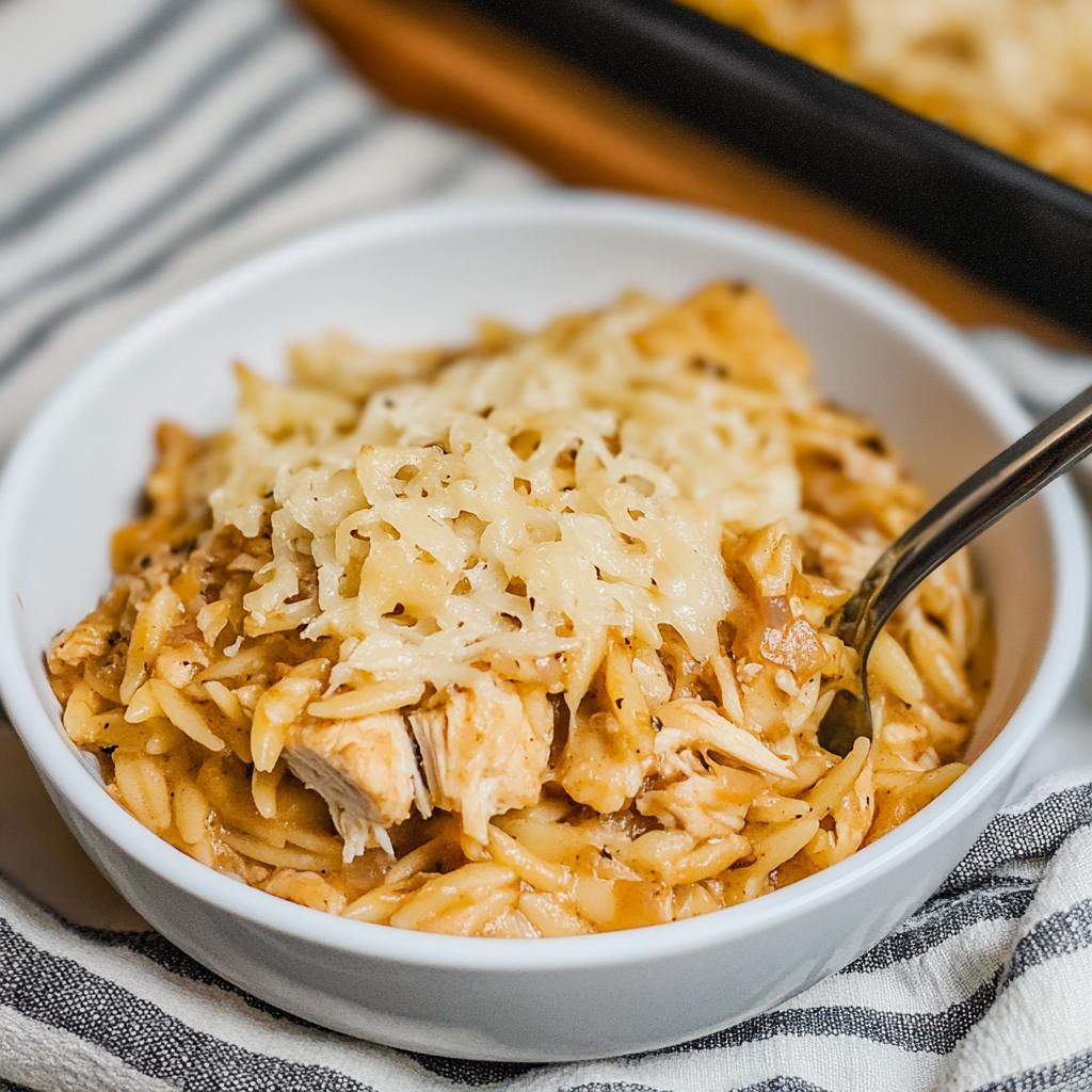 Recipe preparation for French Onion Chicken Orzo Casserole