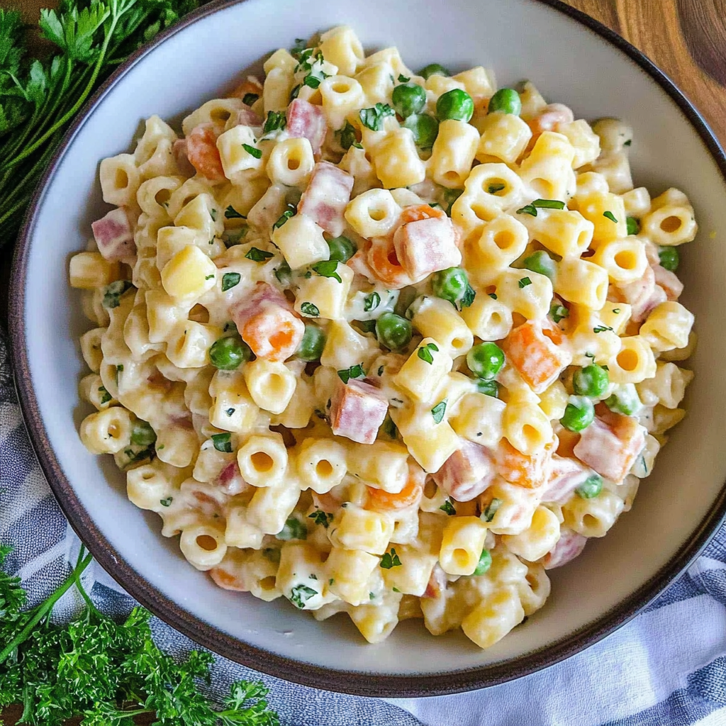 Recipe preparation for Creamy Pasta Salad with Ham and Peas
