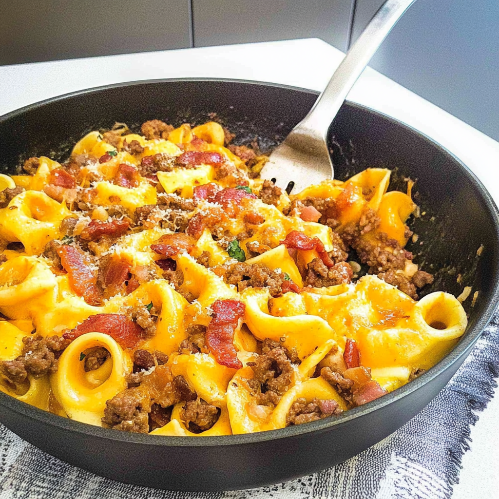 Recipe preparation for One-Pan Skillet Bacon Cheeseburger Tortellini
