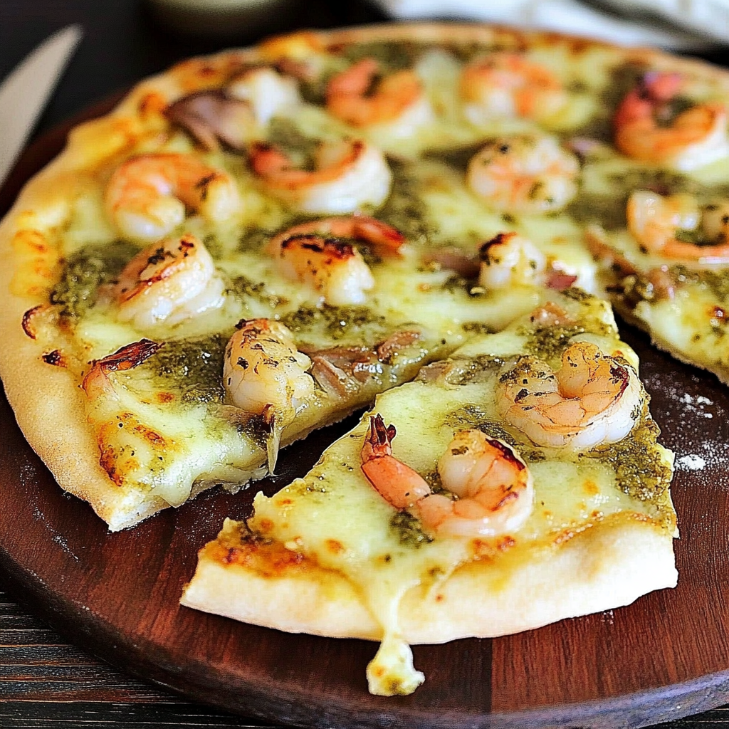 Recipe preparation for Pesto Shrimp Pizzas
