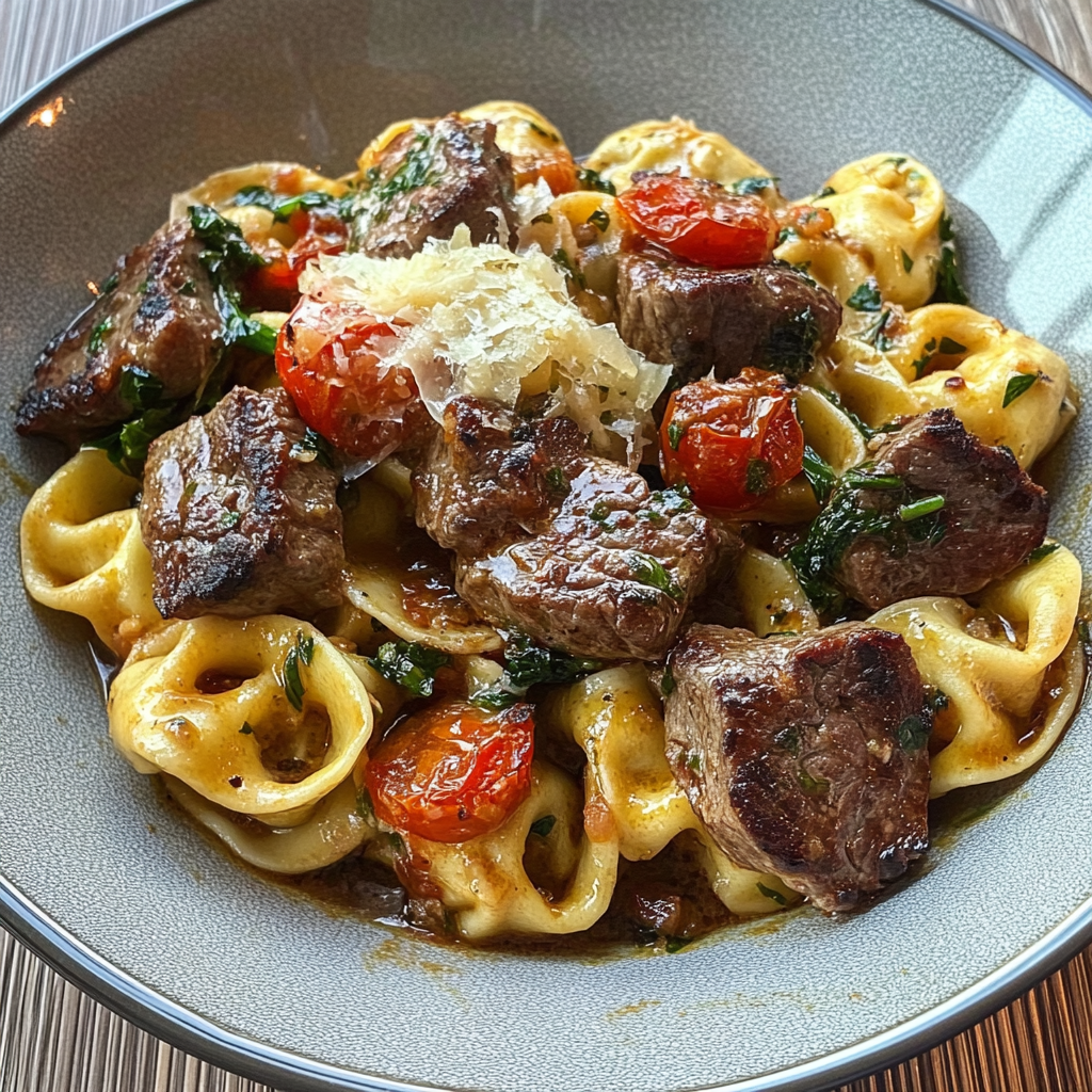 Recipe preparation for Garlic Steak Tortellini