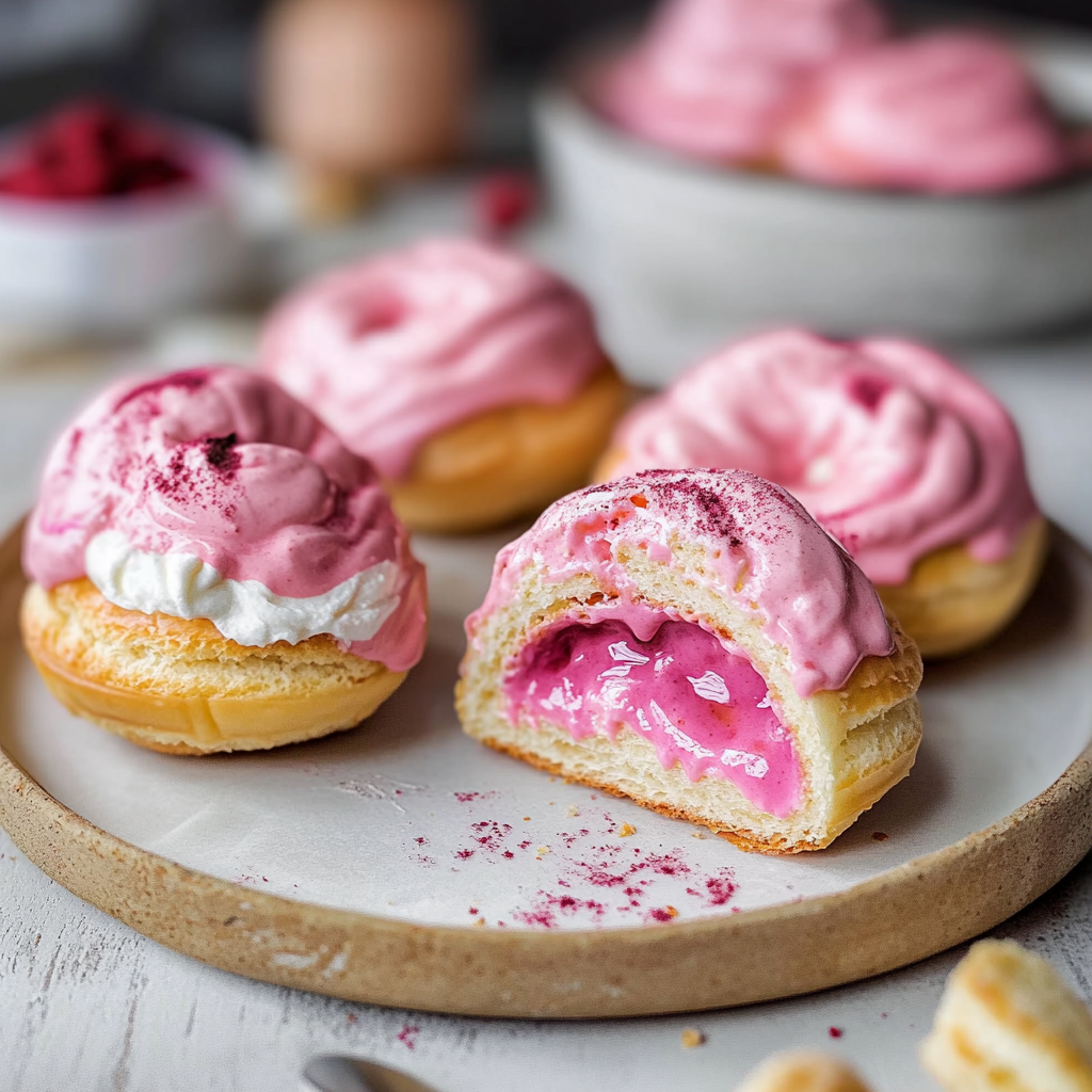 Recipe preparation for Pink Choux Buns with Vanilla Bean Cream
