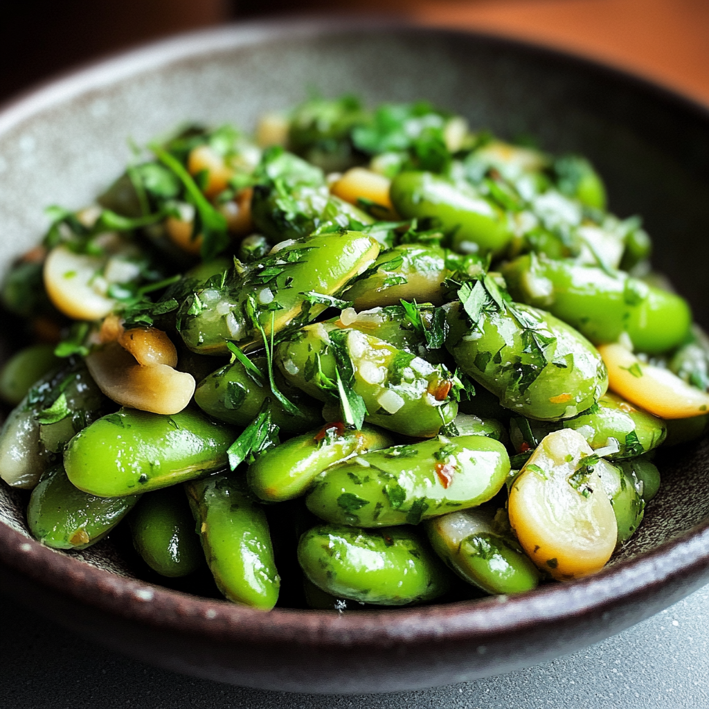 Recipe preparation for Garlic Butter Broad Beans with Herbs