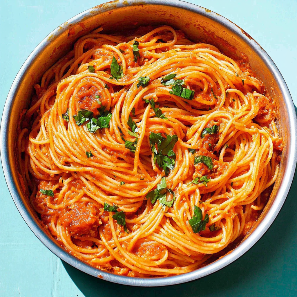 Recipe preparation for Spaghetti with Slow-Cooked Tomato Shallot Sauce