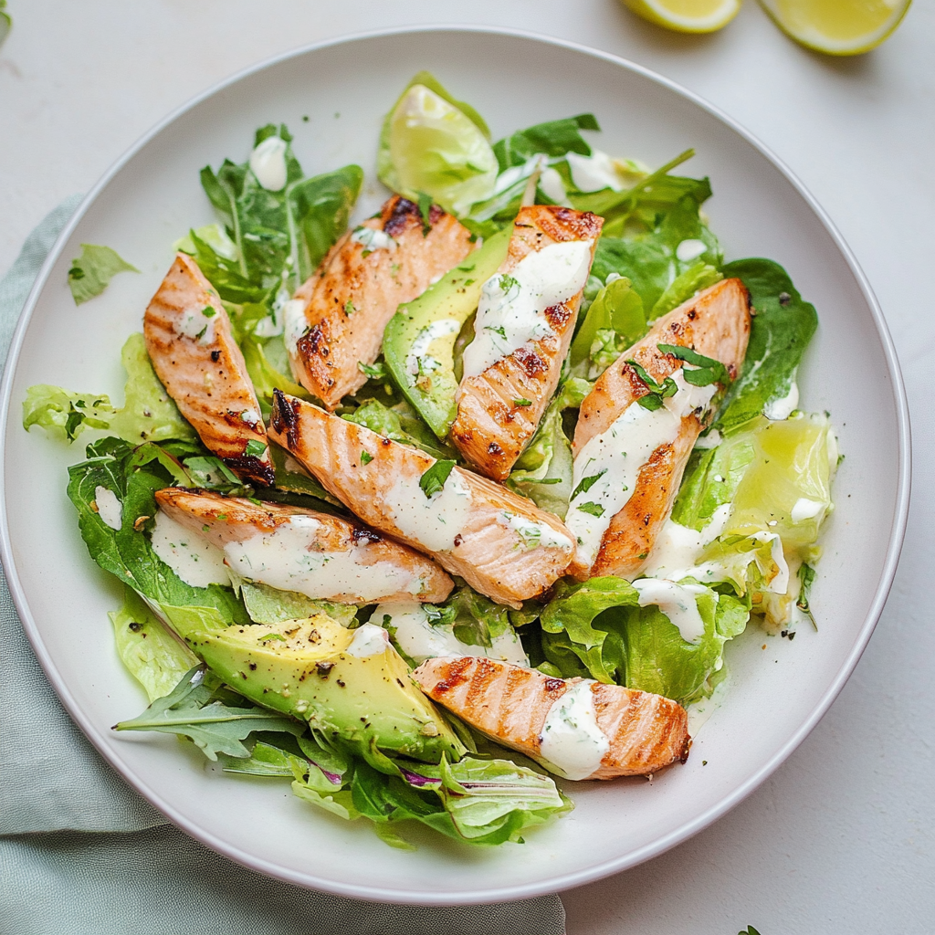 Recipe preparation for Salmon and Avocado Caesar Salad