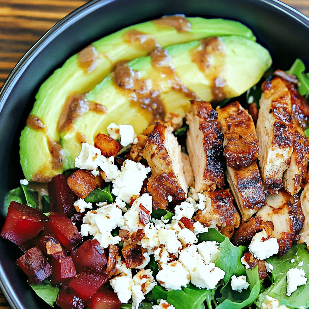 Recipe preparation for BLT Balsamic Chicken Avocado & Feta Salad