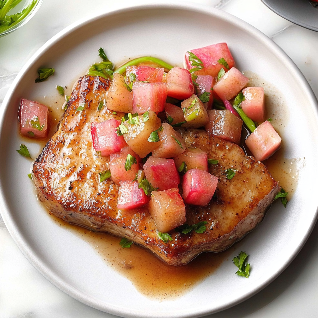 Recipe preparation for Dijon-Rubbed Pork with Rhubarb Sauce