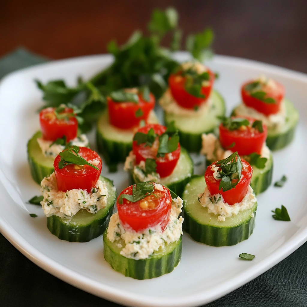 Recipe preparation for Cucumber Tomato Bites with Creamy Parmesan Herb Spread