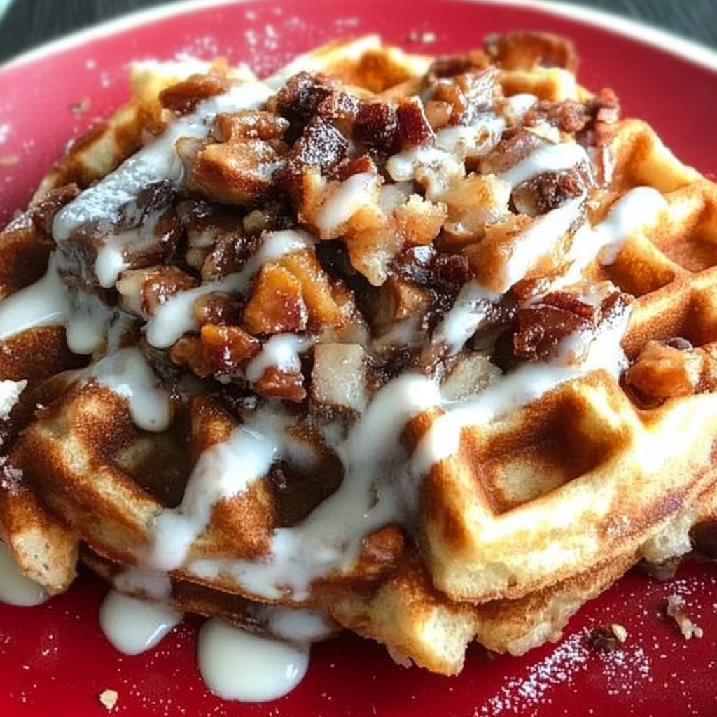 Recipe preparation for Cinnamon Roll Waffles with Crispy Bacon and Toffee