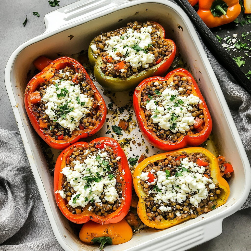 Recipe preparation for Hearty Mediterranean Lentil & Feta Stuffed Peppers