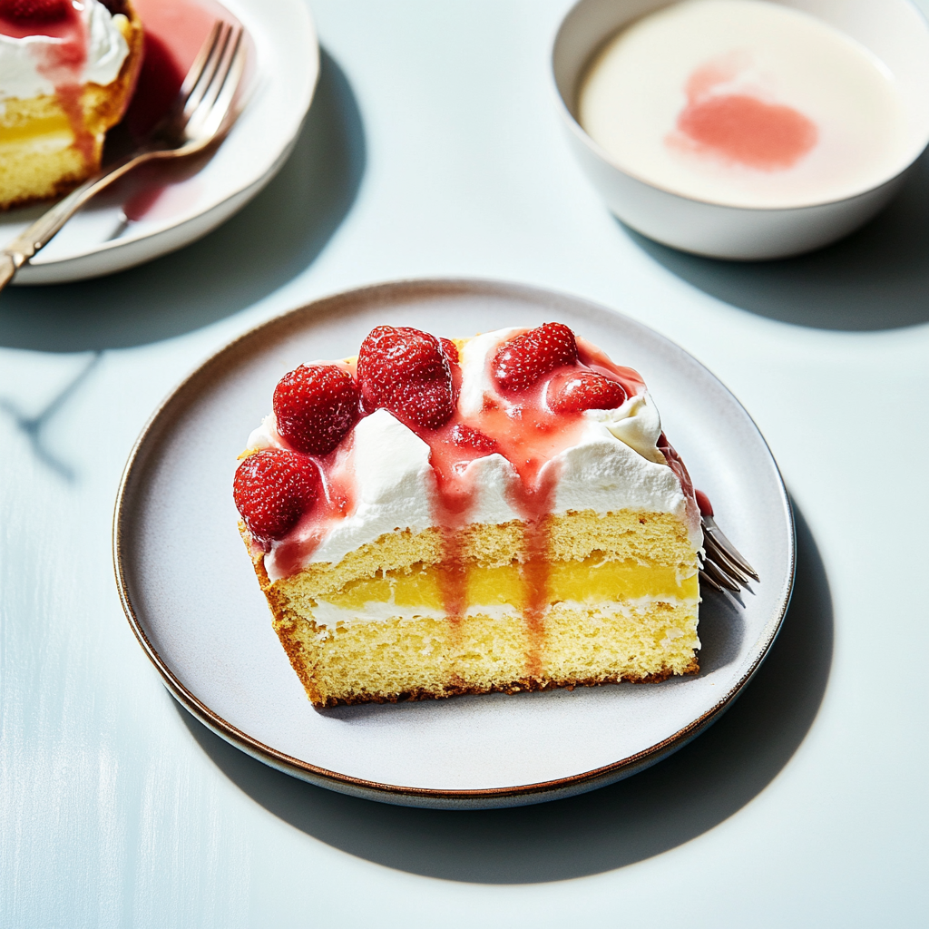 Recipe preparation for Daffodil Cake with Macerated Strawberries