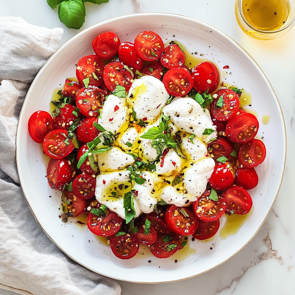 Recipe preparation for Light & Fresh Cherry Tomato Burrata Salad