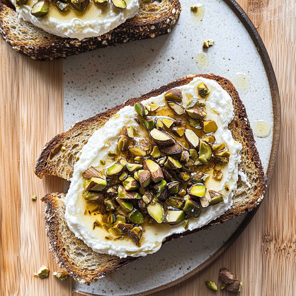 Recipe preparation for Whipped Ricotta Toast with Hot Honey & Pistachios