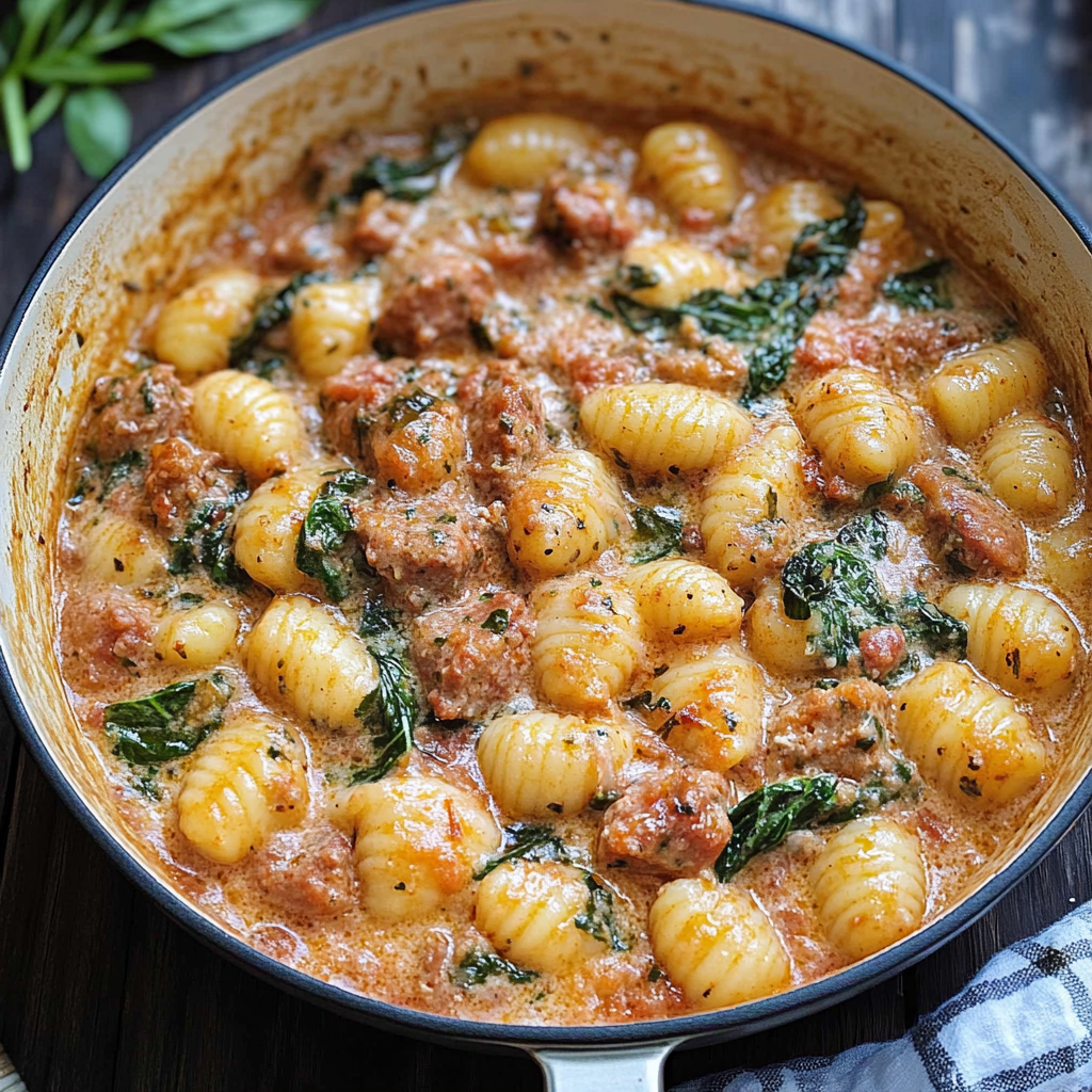 Recipe preparation for Creamy Sausage and Kale Gnocchi