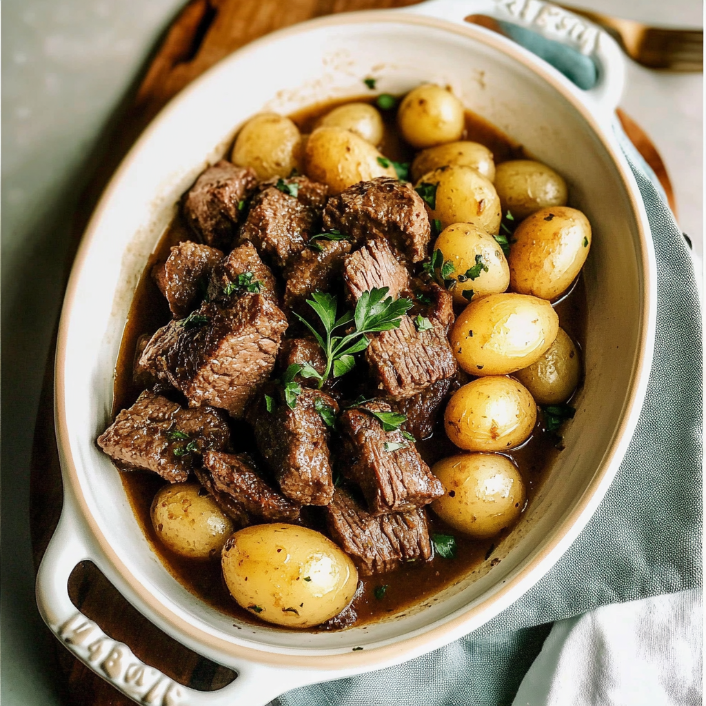 Recipe preparation for Slow Cooker Garlic Butter Beef with Potatoes