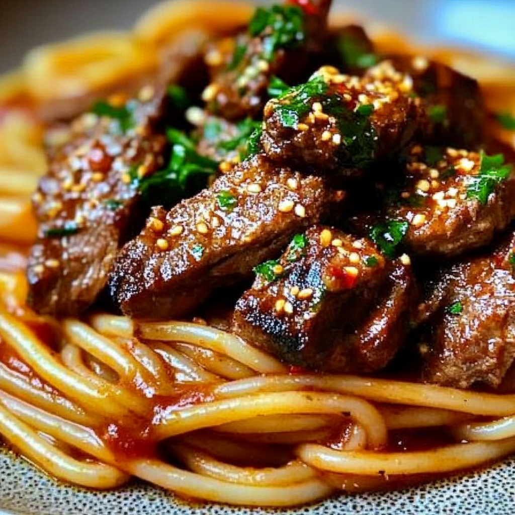 Recipe preparation for Sweet and Spicy Garlic Steak Pasta