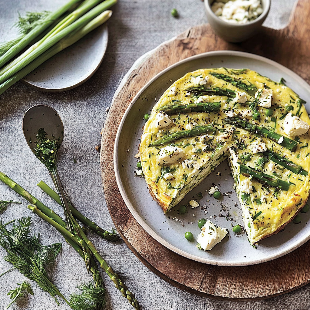 Recipe preparation for Goats Cheese and Asparagus Frittata with Chive Blossoms