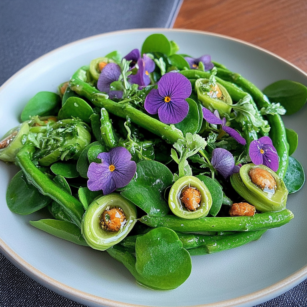 Recipe preparation for Fiddlehead, Asparagus and Sweet Violet Salad