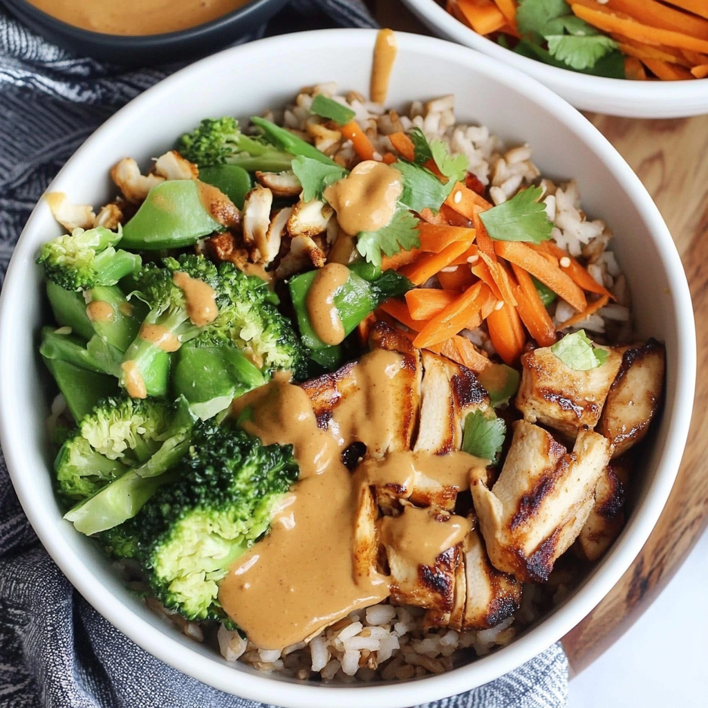 Recipe preparation for Chicken Veggie and Brown Rice Bowls with Peanut Sauce
