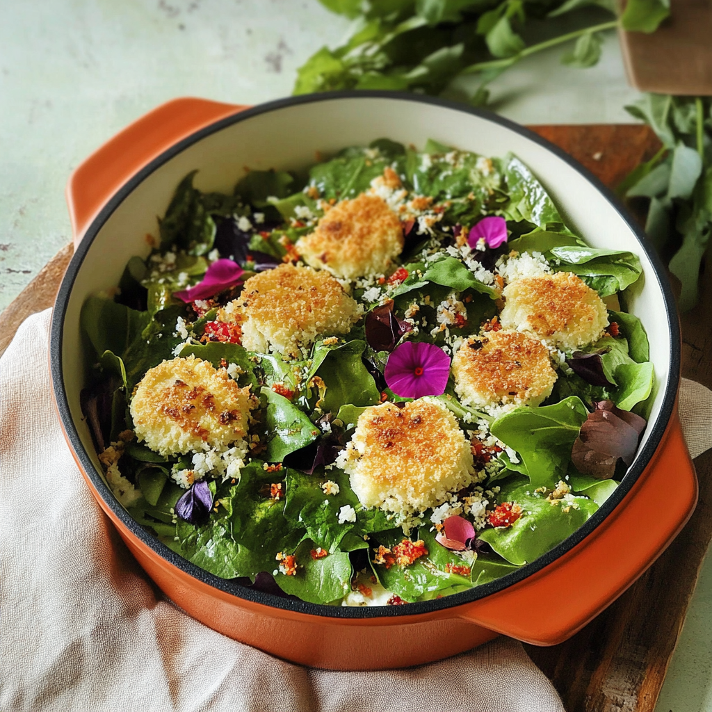 Recipe preparation for Baked Goat Cheese with Mixed Greens