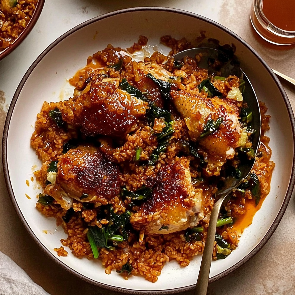 Recipe preparation for Spring Onion & Ginger Crispy Chicken Rice Pot