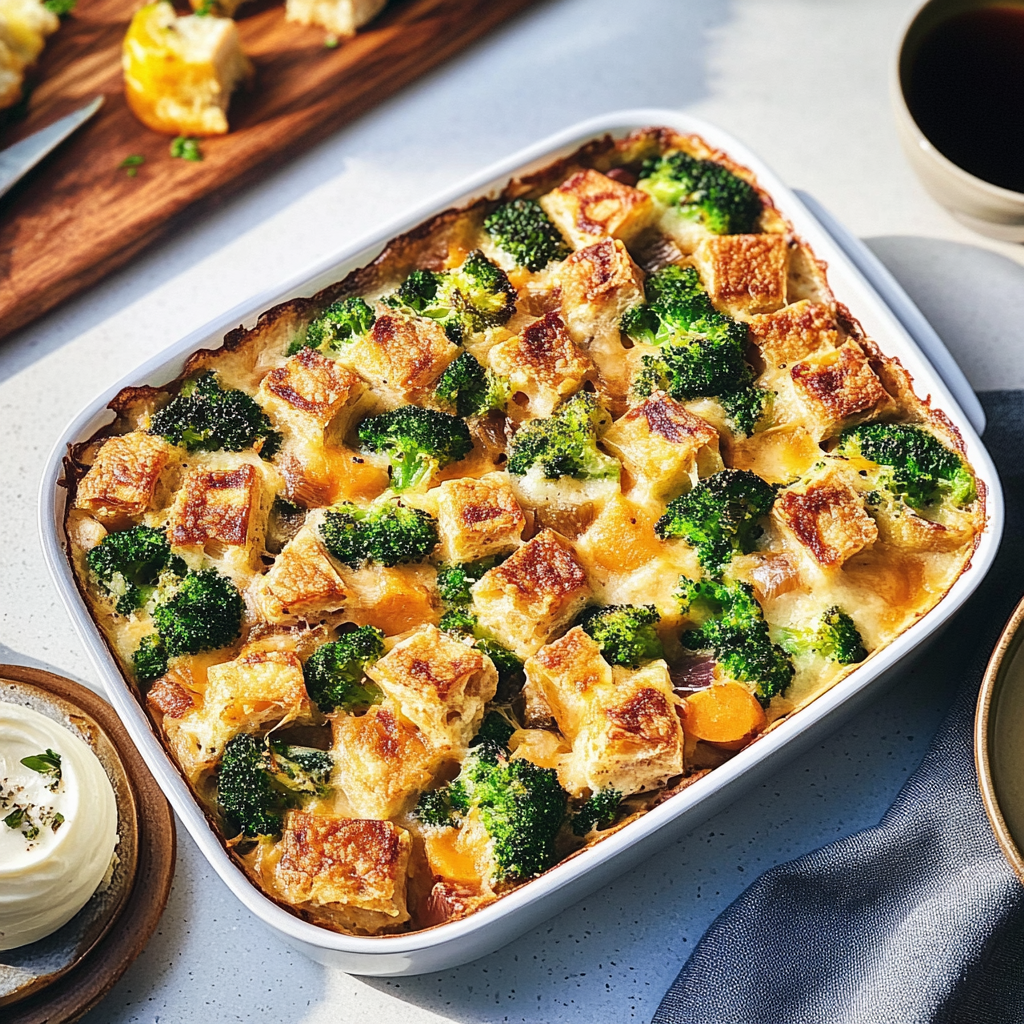 Recipe preparation for Broccoli and Cheddar Strata