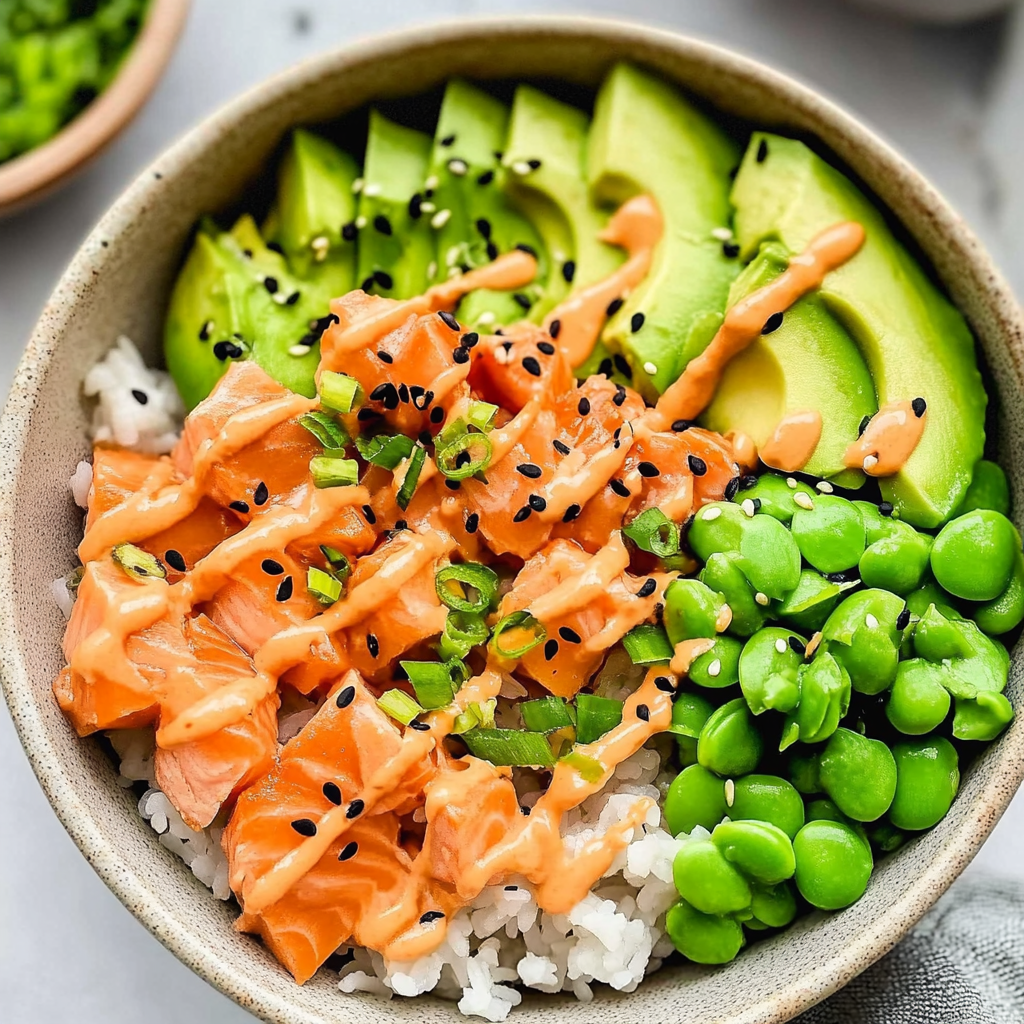 Recipe preparation for Salmon Rice Bowl with Sesame Avocado