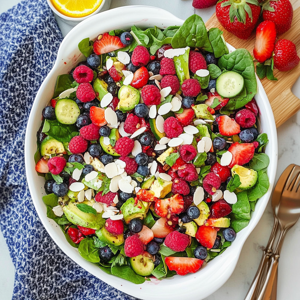 Recipe preparation for Spring Greens Mixed Berry Salad with Garlic Vinaigrette