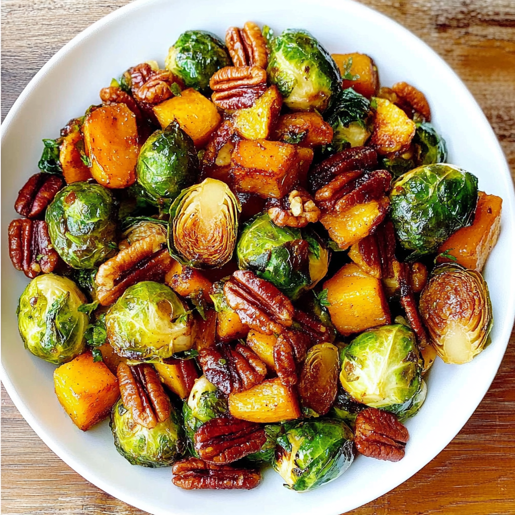 Recipe preparation for Roasted Brussels Sprouts with Butternut Squash and Pecans