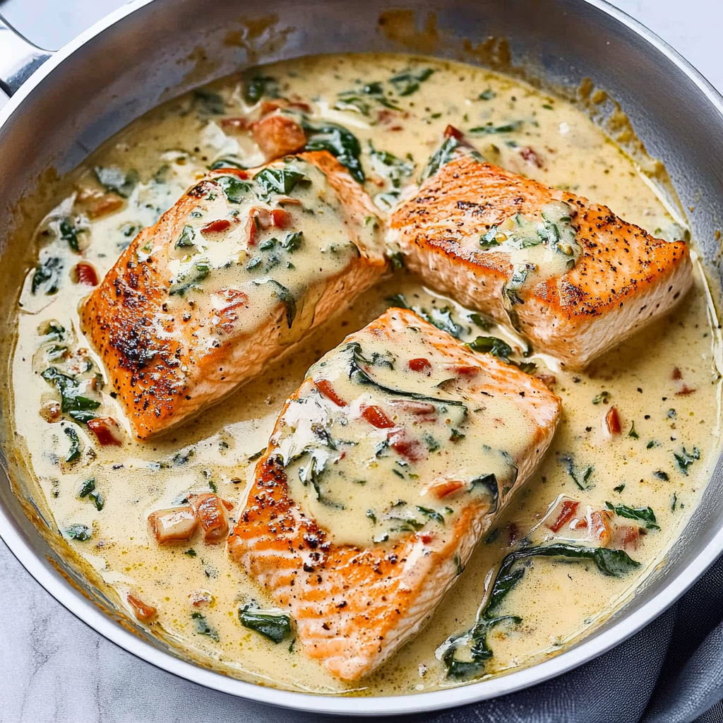Recipe preparation for Creamy Tuscan Salmon