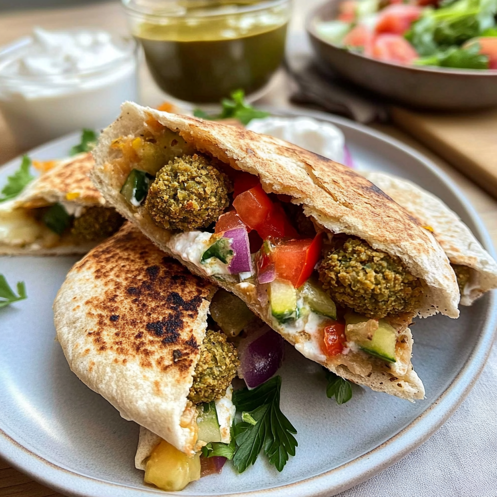 Recipe preparation for Mediterranean Baked Falafel Pitas