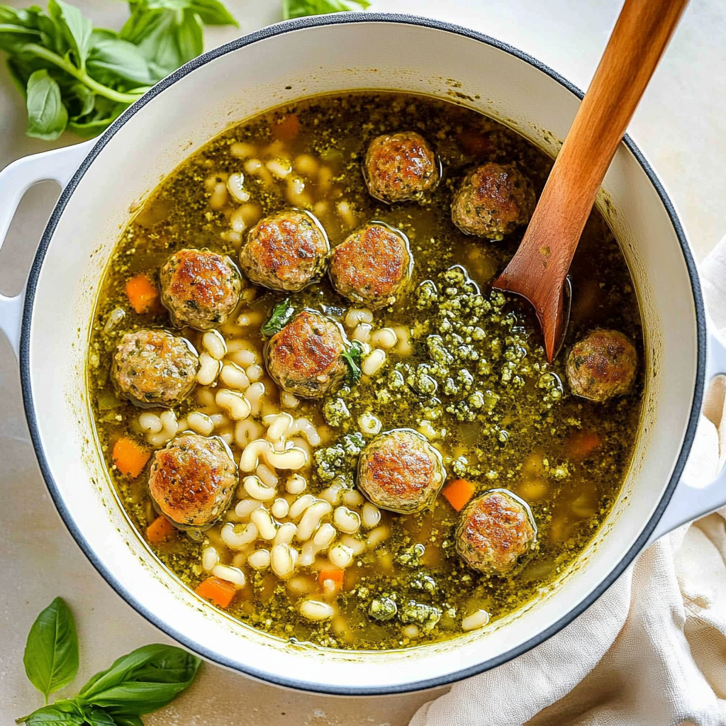 Recipe preparation for Pesto Meatball and Pastina Soup