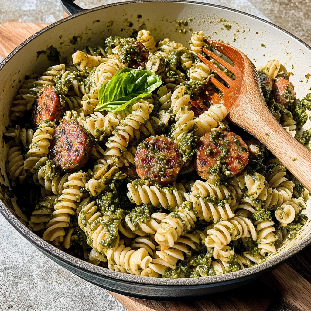 Recipe preparation for Chicken Sausage and Pasta with Pesto