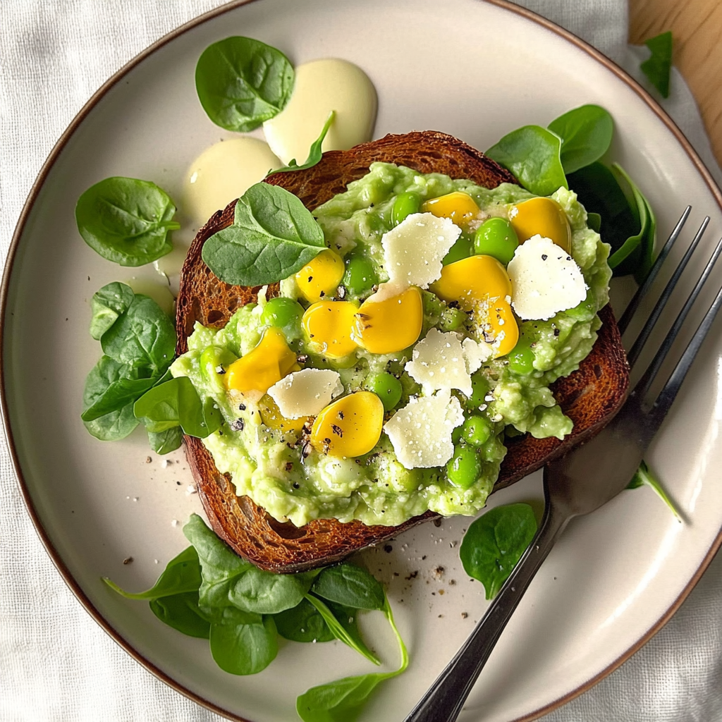 Recipe preparation for Smashed Edamame & Avocado Green Goddess Toast