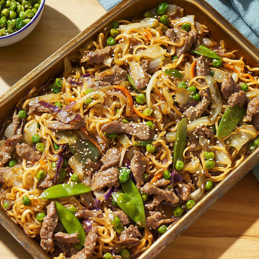 Recipe preparation for Sheet-Pan Beef & Cabbage Noodles