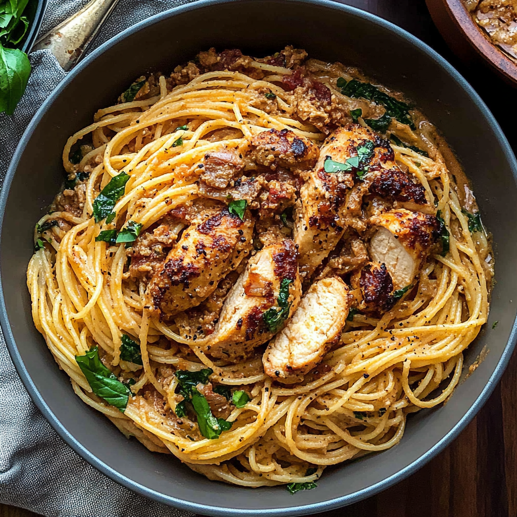 Recipe preparation for Spicy Tuscan Chicken Pasta