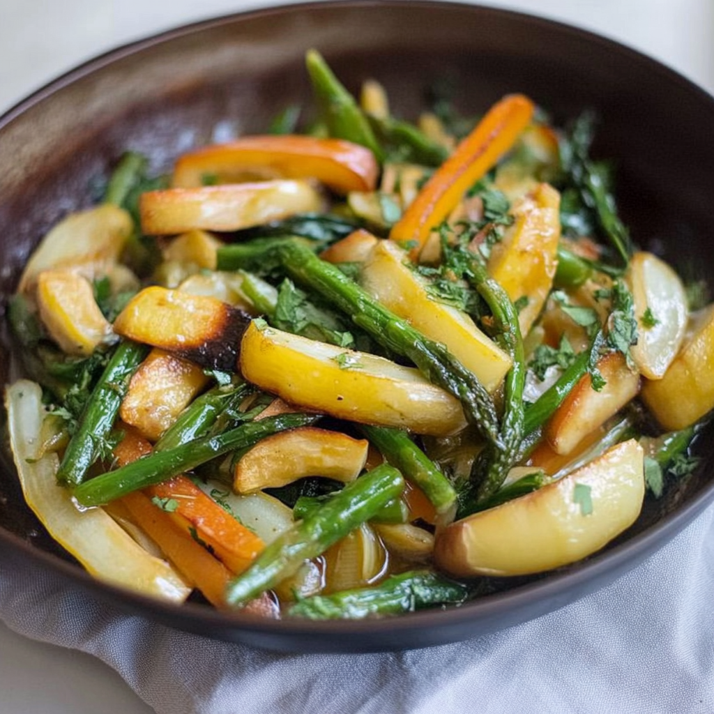 Recipe preparation for Olive Oil Braised Spring Vegetables