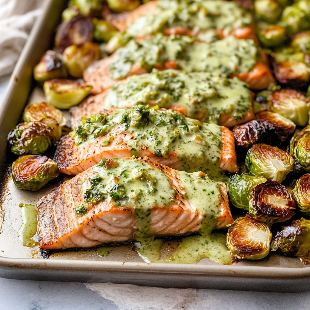 Recipe preparation for Sheet Pan Green Goddess Salmon with Brussels Sprouts