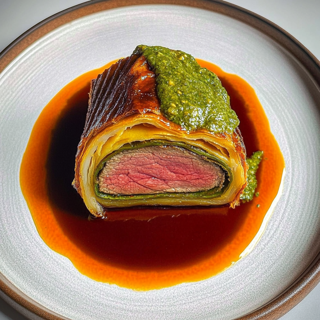 Recipe preparation for Beef Wellington With Green Sauce
