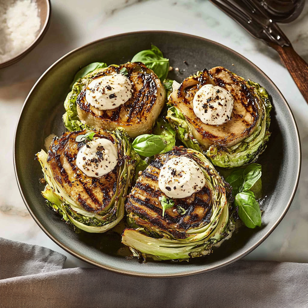 Recipe preparation for Charred Cabbage Steak Alfredo with Crispy Prosciutto