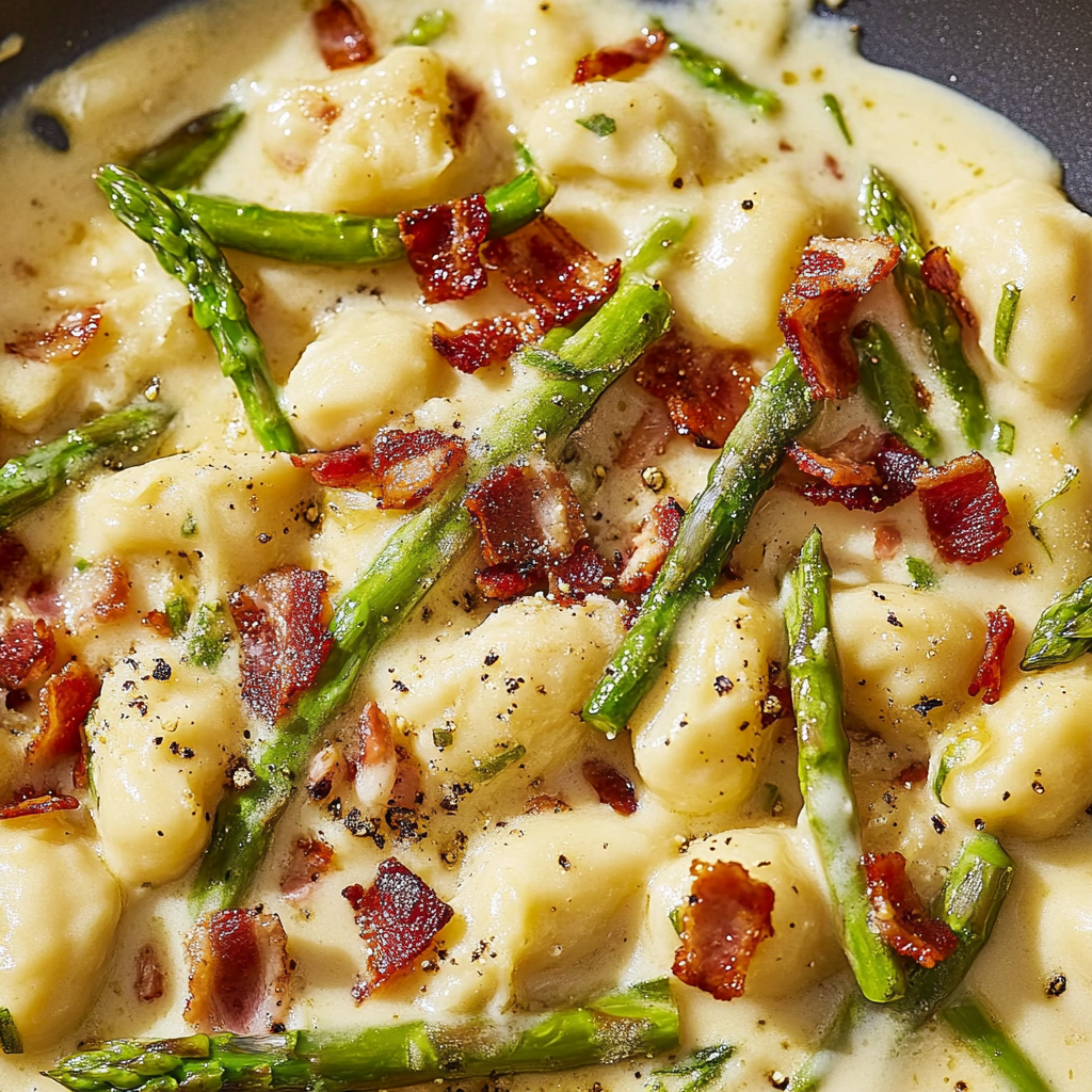 Recipe preparation for Creamy Asparagus Bacon Gnocchi